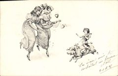 Postal Fantasia Ilustrador Mujeres Ángel Cerdo Cerdo