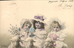 Vintage Postcard Fantasy Children Sheep