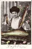 CPA Fantaisie Paques Poisson Femme 1er Avril 