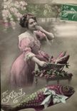CPA Fantaisie Paques Poisson Femme 