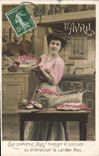 CPA Fantaisie Paques Poisson Femme 1er Avril 