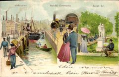Vintage Postcard Fantaisie Illustrator Handel Industry Trades Runst Train Boat