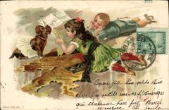 Vintage Postcard Fantasy Illustrator Children Dog Argentina Argentina