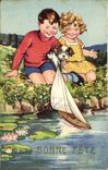Vintage Postcard Fantasy Illustrator Children Good festival Boat