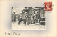 Vintage Postcard Fantasy Illustrator Woman Happy new year Horse