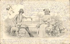 Vintage Postcard Fantasy Illustrator Woman Sheep Bells