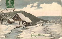 Vintage Postcard Fantaisie Illustrator Happy new year Water mill