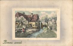 Vintage Postcard Fantaisie Illustrator Water mill Happy new year