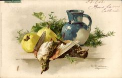 Vintage Postcard Fantasy Flowers Still life bird
