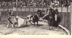 Postal Corrida Toro el matador al Quite después de una clavija