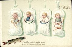 CPA Fantaisie Enfants Bebes 1er Avril Poisson 