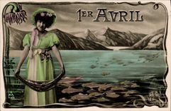 CPA Fantaisie Femme 1er Avril Poissons Pieuvre Poulpe 