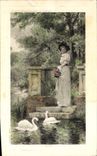 Vintage Postcard Fantasy Woman Woman Swan