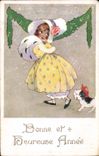 Vintage Postcard Fantasy Good Woman and happy year Dog