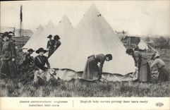Vintage Postcard English Ladies ambulancieres installing their tent Militaria Nurse
