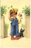 CPA Chiens Chien Enfant Fleurs 