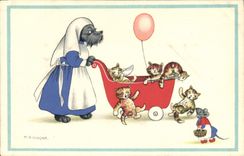 Vintage Postcard Dogs Dog Cats Kitten Nurse