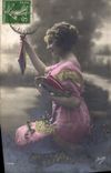 CPA Fantaisie Paques Poisson Femme 