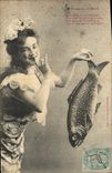CPA Fantaisie Paques Poisson Femme 