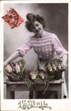 CPA Fantaisie Paques Poisson Femme 