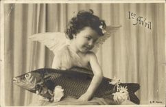 Vintage Postcard Fantasy Easter Poisson Child Angel