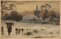 Vintage Postcard Fantasy Illustrator Village under snow