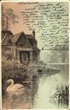Vintage Postcard Fantaisie Illustrator Water mill Cygne