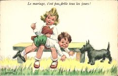 Vintage Postcard Chiens Dog Children the marriage it is not funny the every day