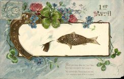 CPA Fantaisie Poisson 1er Avril Fer a cheval Trefle 