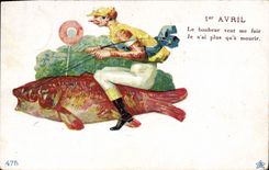 Vintage Postcard Fantasy Poisson April 1st Jockey Equestrian sports
