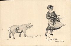 Vintage Postcard Fantasy Child Pig Pig Happy new year