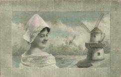 Vintage Postcard Fantaisie Woman Windmill