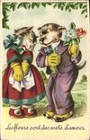 CPA Les fleurs sont des mots d'amour Chien Chat 