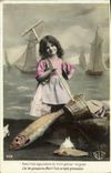 CPA Fantaisie Paques Poisson Enfant Peche Bateau 