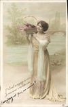 CPA Fantaisie Paques Poisson Femme 