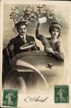 CPA Fantaisie Paques Poisson Femme Automobile