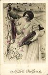 CPA Fantaisie Paques Poisson Femme 