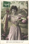 CPA Fantaisie Paques Poisson Femme 