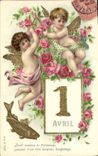 CPA Fantaisie Paques Poisson Anges 