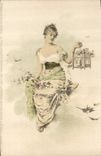 CPA Fantaisie Illustrateur Femme Cage a oiseaux 