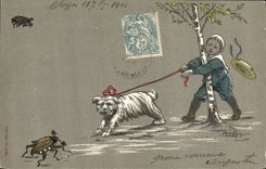 CPA Fantaisie Illustrateur Enfant Chien Insecte 