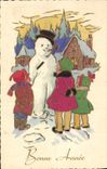 CPA Fantaisie Bonhomme de neige Enfants Bonne annee 