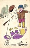 CPA Fantaisie Bonhomme de neige Enfants Bonne annee 
