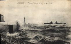 Vintage Postcard Boat Steamer Provence Le Havre entering to the port by heavy weather
