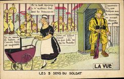 CPA Fantaisie Les cinq sens du soldat La vue Poussette Militaria 