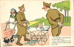 CPA Fantaisie Enfant Poussette Militaria Soldats Spahn 