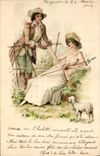 CPA Fantaisie Illustrateur Femme Agneau 