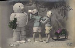 CPA Fantaisie Bonhomme de neige Enfants Luge 