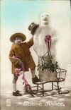 CPA Fantaisie Bonhomme de neige Enfant Luge 