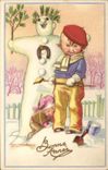 CPA Fantaisie Bonhomme de neige Enfant Bonne annee 